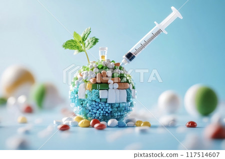 Syringe injecting medicine into globe covered in pills Syringe injecting medicine into globe covered in pills 117514607