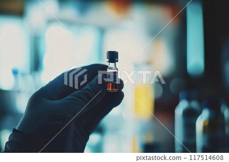 Scientist wearing gloves holding vial with red liquid inside laboratory Scientist wearing gloves holding vial with red liquid inside laboratory 117514608