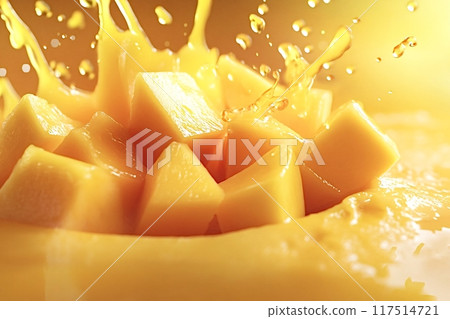 Fresh mango cubes falling into juice splashing 117514721