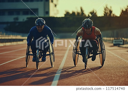 Two wheelchair athletes racing on track are pushing their limits 117514740