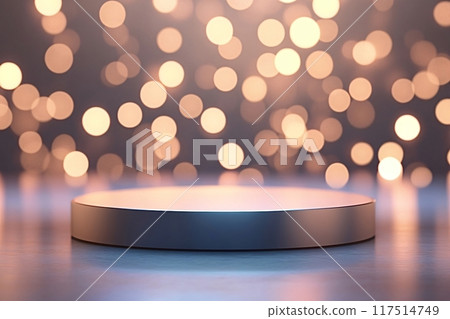 Round empty stage illuminated by spotlights on blurry background 117514749