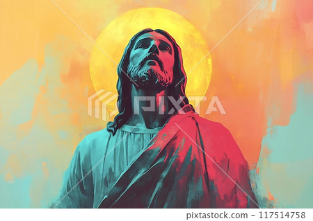 Jesus christ statue looking upwards with yellow sun background Jesus christ statue looking upwards with yellow sun background 117514758