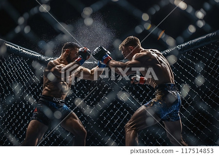Two muscular mma fighters exchanging punches during a fight in octagon ring 117514853