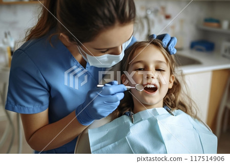 Pediatric dentist examining a little girl's teeth in a dental clinic Pediatric dentist examining a little girl's teeth in a dental clinic 117514906