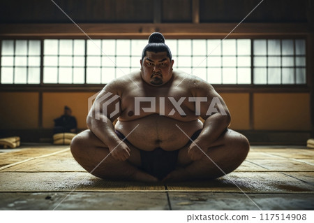 Sumo wrestler sitting in a traditional dojo preparing for the match 117514908