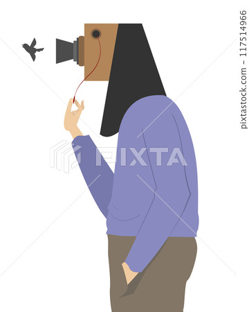 Photographer with camera instead head. Bird flying out of camera. Man with camera instead head. Bird silhouette flying out of camera. Creative illustration Photographer with camera instead head. Bird flying out of camera. Man with camera instead head. Bird silhouette flying out of camera. Creative illustration 117514966
