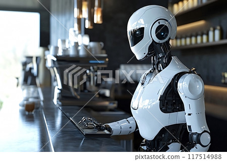 White humanoid robot working as a barista in a coffee shop using a laptop 117514988