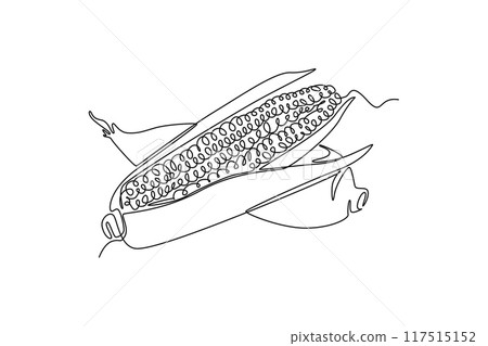 Continuous one line drawing whole and peeled healthy organic sweet corn crop for farm logo identity. Fresh maize concept for starchy vegetable icon. Single line draw design vector graphic illustration 117515152