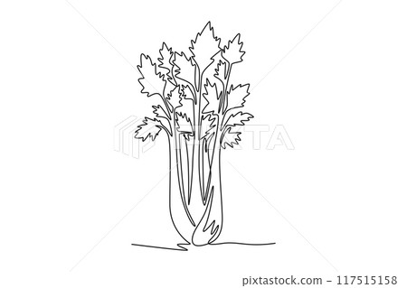 Continuous one line drawing bunch healthy organic raw green celery for harvesting logo identity. Fresh marshland plant concept for vegetable icon. Single line draw design vector graphic illustration 117515158