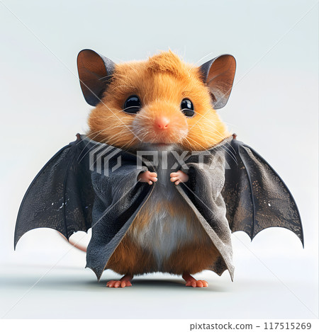 A small hamster with bat-like wings stands at attention, showcasing its unique features in a charming and imaginative atmosphere. 117515269
