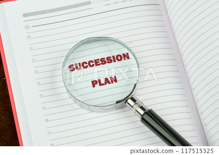 SUCCESSION PLAN word alphabet letters through a magnifying glass on a blank page of a notebook, a book SUCCESSION PLAN word alphabet letters through a magnifying glass on a blank page of a notebook, a book 117515325