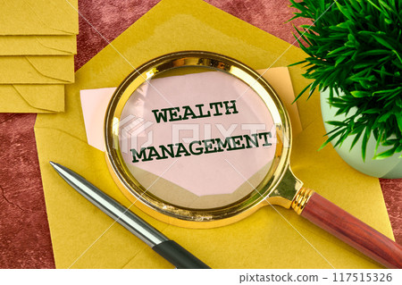 WEALTH MANAGEMENT words written on a piece of paper from an envelope through a magnifying glass 117515326
