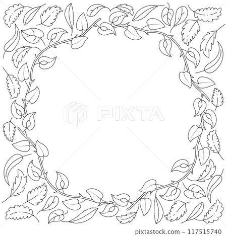 frame of autumn leaves coloring page. hand drawn line art black and white frame of autumn leaves coloring page. hand drawn line art black and white 117515740