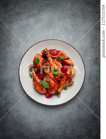 fried chicken legs, in soy sauce, spices, herbs, top view, homemade, 117515784