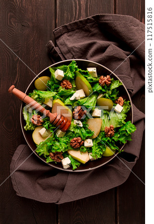 Keto Salad, pear with blue cheese and walnut, selective focus, no people, close-up, Keto Salad, pear with blue cheese and walnut, selective focus, no people, close-up, 117515816