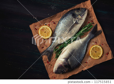 Fresh, Raw Dorado fish, Top view, Horizontal, no people, 117515851