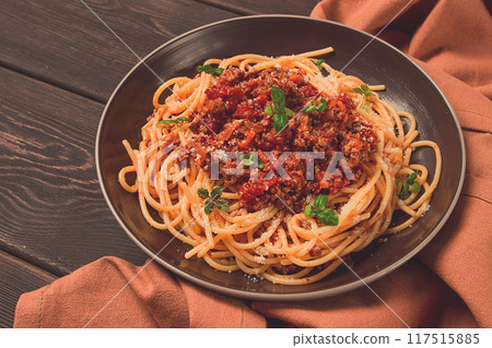 Spaghetti Bolognese, top view, close-up, no people, homemade, Spaghetti Bolognese, top view, close-up, no people, homemade, 117515885