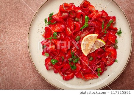 Salmon gravlax with beetroot, Scandinavian snack, beet gravlax, lightly salted fish, homemade, no people, 117515891