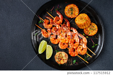 tiger prawns on skewers, shrimp kebab, with corn, fried, homemade, no people, 117515912