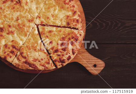 Imereti khachapuri, Traditional Georgian dish, flatbread with cheese, top view, no people, rustic, 117515919