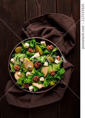 Keto Salad, pear with blue cheese and walnut, selective focus, no people, close-up, Keto Salad, pear with blue cheese and walnut, selective focus, no people, close-up, 117515926