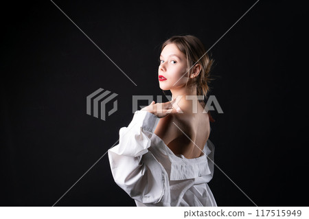 female beauty posing girl portrait elegance hairstyle attractive back makeup studio model 117515949