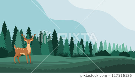 Landscape, deer on a clearing in the forest. Horizontal banner. Wildlife illustration in flat style 117516126