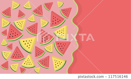 Triangular pieces of juicy watermelon with seeds, different varieties of watermelon with red and yellow pulp on a pink background. Place for text next to 2D flat lay pieces of watermelon 117516146