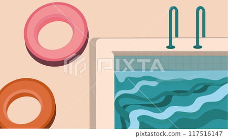 Swimming pool with azure water and inflatable rings, entrance to the pool with handrails, entertainment while relaxing in the pool on sunny day 117516147