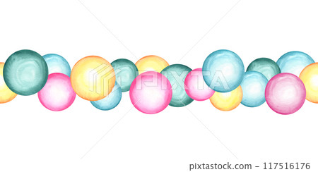 Pink, yellow, green and blue Circles seamless banner clip art. Gradient Splashes, round doodle spots. Large bubbles in minimalist style. Watercolor isolated illustration for textile, decor. 117516176