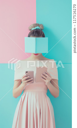 Collage of student woman with opened book head, holding phone in her hands 117516270