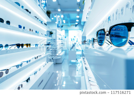 Modern optical store with sleek interior design. close up optician's shop interior in white and blue colors 117516271