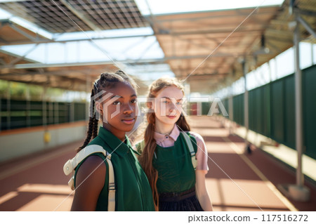 Two teenage girls in modern green school uniforms at an energy-independent school with solar panels 117516272