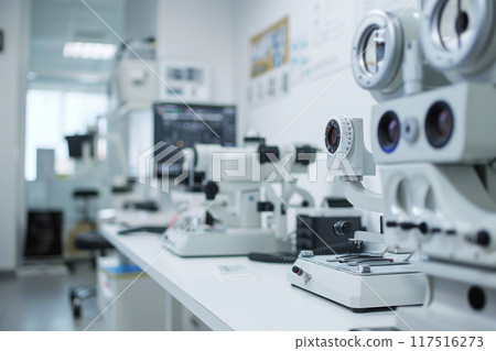 Optometrist office filled with eye examination tools including phoropters, lens cases, and an eye chart in the background 117516273
