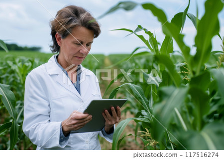 Female scientist farmer examining crop data on tablet with IoT sensors 117516274