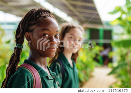 Energy-independent school with solar panel playground canopies. Two teenage girls wearing in modern green school uniform. 117516275