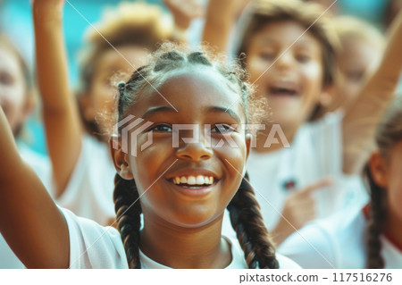 Black girl and her badminton team young fans celebrate scoring a point, joy and teamwork. Kids spectators sport game. 117516276