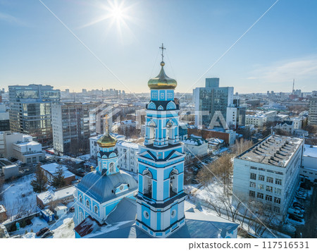 Winter Yekaterinburg and Temple of the Ascension in clear sunset. 117516531