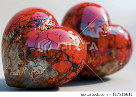 Red glass hearts with cracked alabaster and rust details, a perfect symbol of love and trust Red glass hearts with cracked alabaster and rust details, a perfect symbol of love and trust 117516611