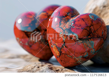 Glossy red glass hearts with cracked alabaster and rust details, perfect for expressing love and gratitude 117516613