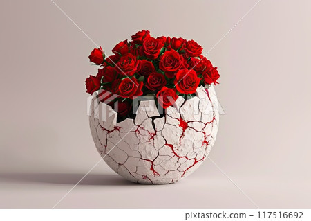 Matte white cracked spherical vase with red roses tightly arranged, ideal for romantic and celebratory occasions 117516692