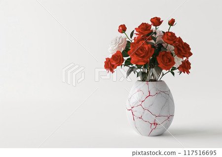 Elegant cracked white porcelain vase with red and white roses, perfect for special occasions like Valentine's Day or birthdays 117516695