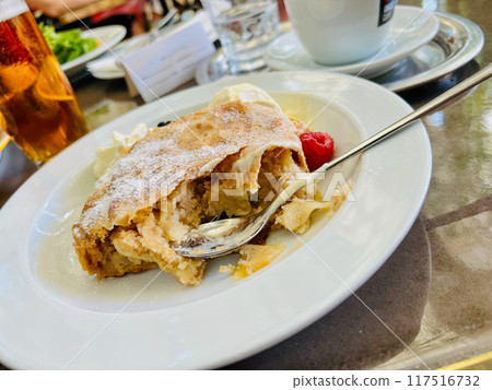 Delicious apple strudel with vanilla ice cream  117516732