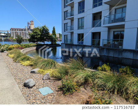 PORTLAND, OREGON, USA - 07.10.2024: Residential apartments on the banks of the Willamette River. PORTLAND, OREGON, USA - 07.10.2024: Residential apartments on the banks of the Willamette River. 117516787