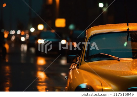 old fashioned yellow Cab taxi car on the dark Night Street 117516949