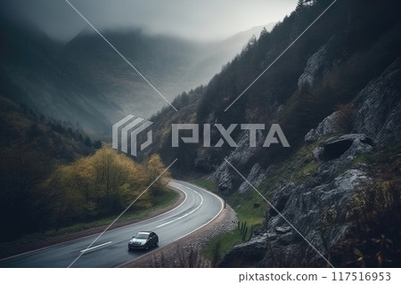 Lonely modern car on a curving Mountain Road 117516953