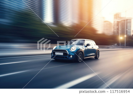Modern blue car is going by the highway 117516954