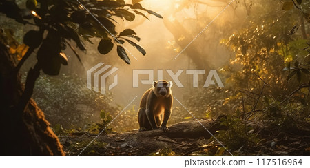 Macaque Monkey In The Jungle In The Evening Macaque Monkey In The Jungle In The Evening 117516964