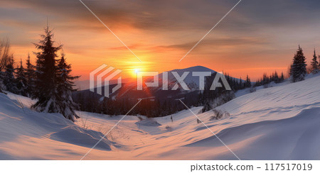 horizon in the winter mountains, amazing Sunset panoramic view 117517019