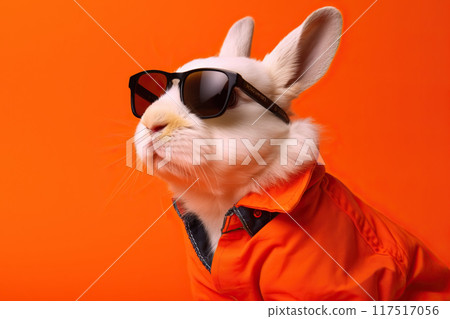 funny portrait of rabbit in sunglasses on vibrant background 117517056